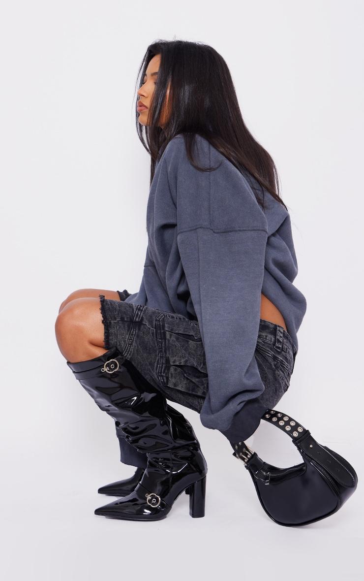 Black Wide Fit Patent Pu Point Toe Buckle Ruched Block Heel Knee Boots Product Image