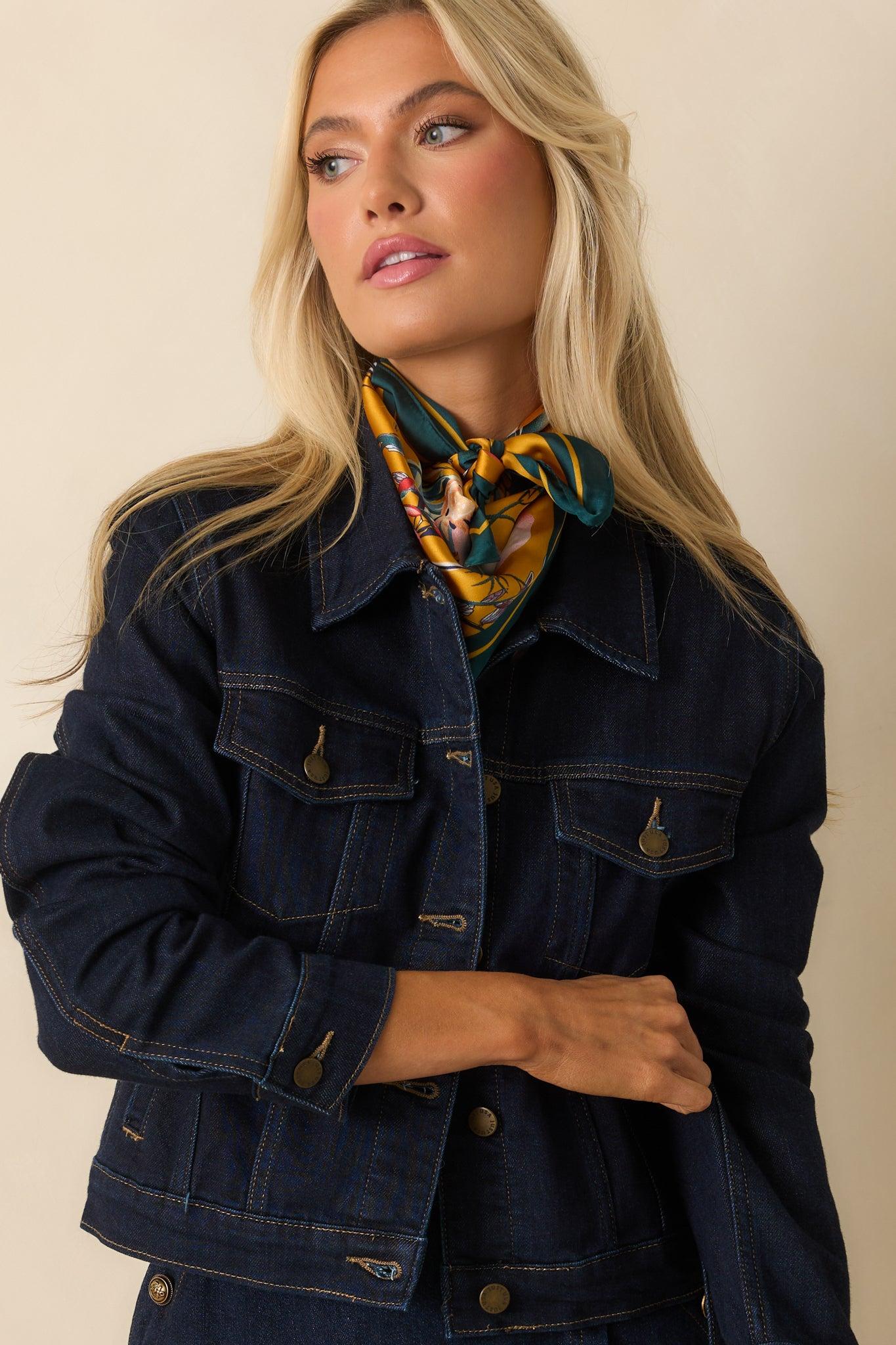 Let’s Get This Straight Dark Wash Denim Cropped Jacket L / Dark Wash Product Image