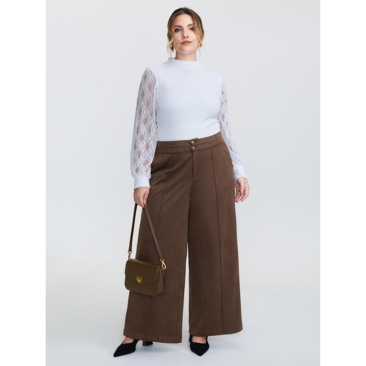 Plus Size Pleated Double Button Flared Hem Pants Women DarkBrown Timeless Bodycon Mid Rise Elegant Pants BloomChic 28/5X Product Image