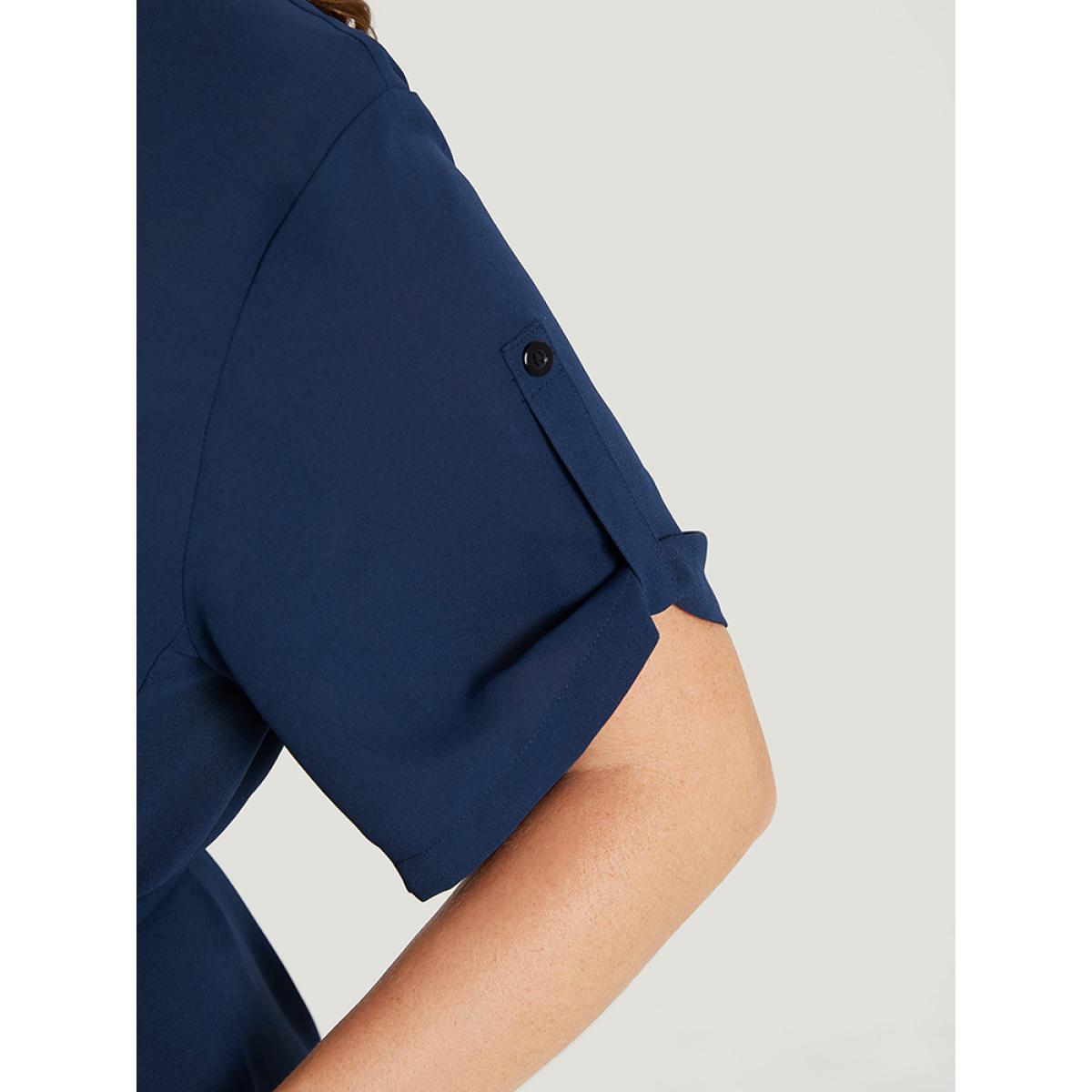 Plus Size Solid Cuffed Sleeve Button Up Belted Laser Cut Arc Hem Dress DarkBlue Women Office Belted Notched collar Short sleeve Curvy Knee Dress BloomChic 22-24/3X Product Image