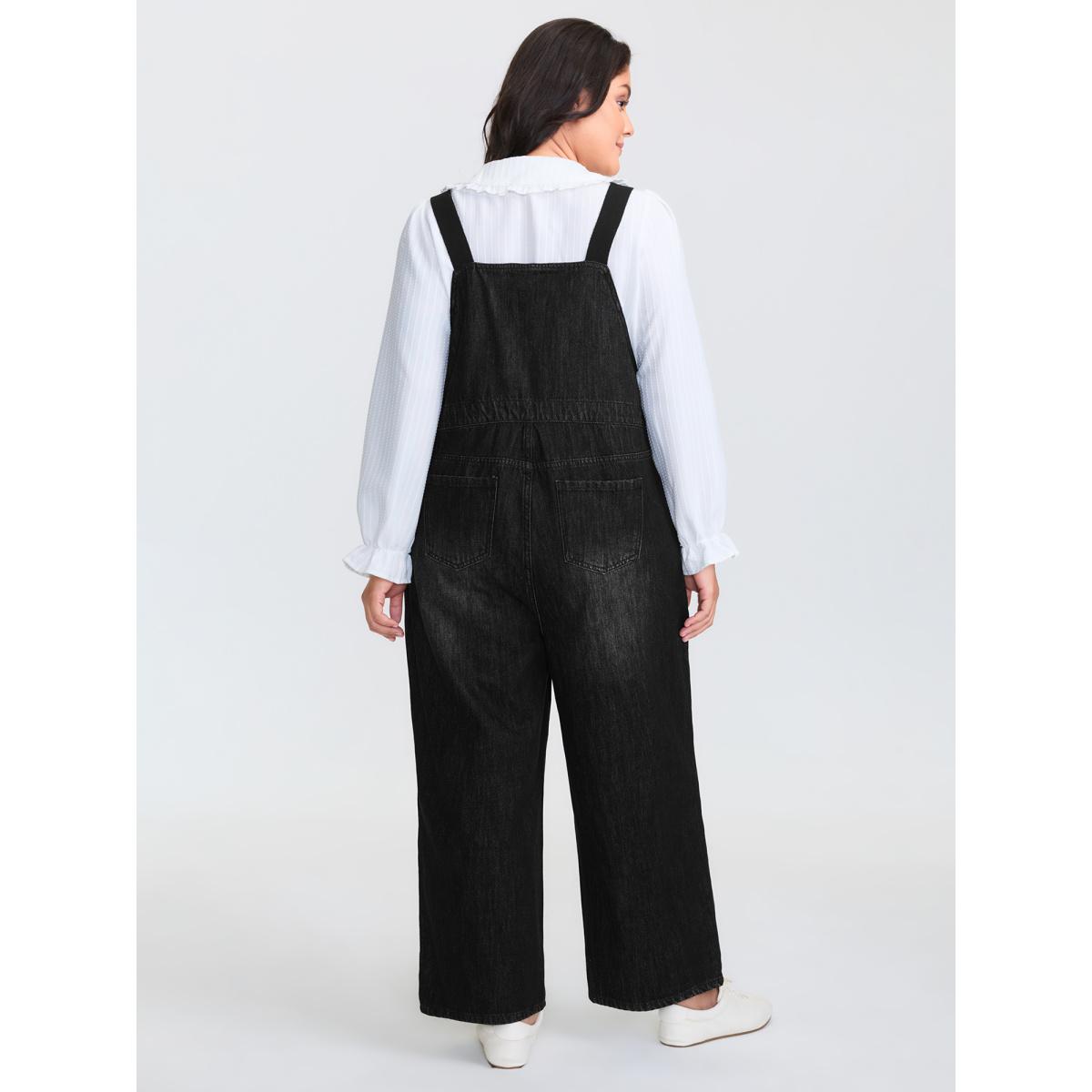 Plus Size Cotton Denim Adjustable Strap Pocketed Jumpsuit Acidwashblack Women No stretch Casual Slanted pocket Leisure Denim Jumpsuits BloomChic 30/6X Product Image