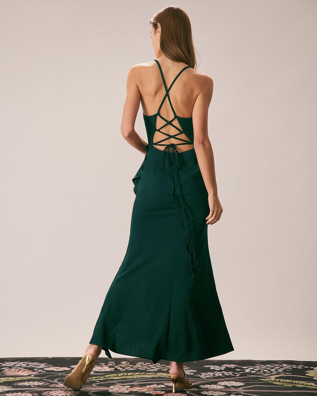 The Green Ruffle Cross Back Strap Maxi Dress Product Image