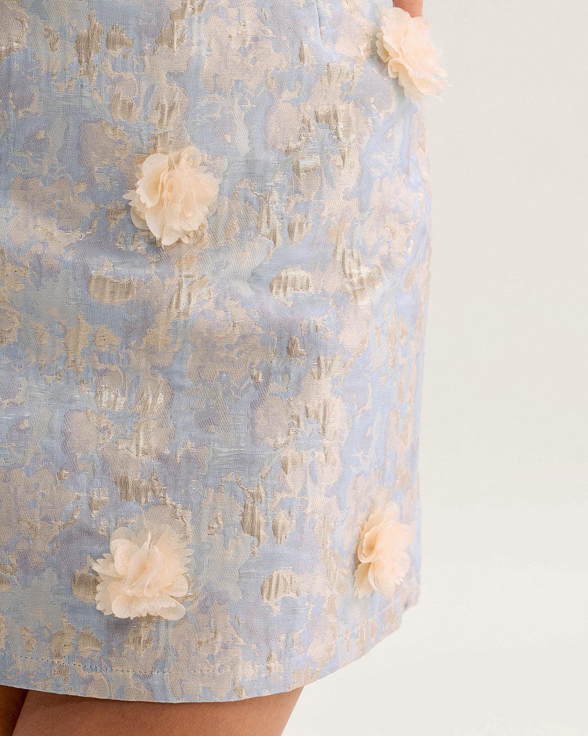 Blue Floral Textured A-Line Mini Skirt Product Image