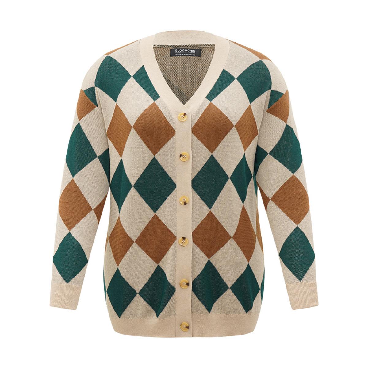 Plus Size Argyle Plaid Contrast Button Up Cardigan Multicolor Women Casual Loose Long Sleeve Dailywear Cardigans BloomChic 26/4X Product Image