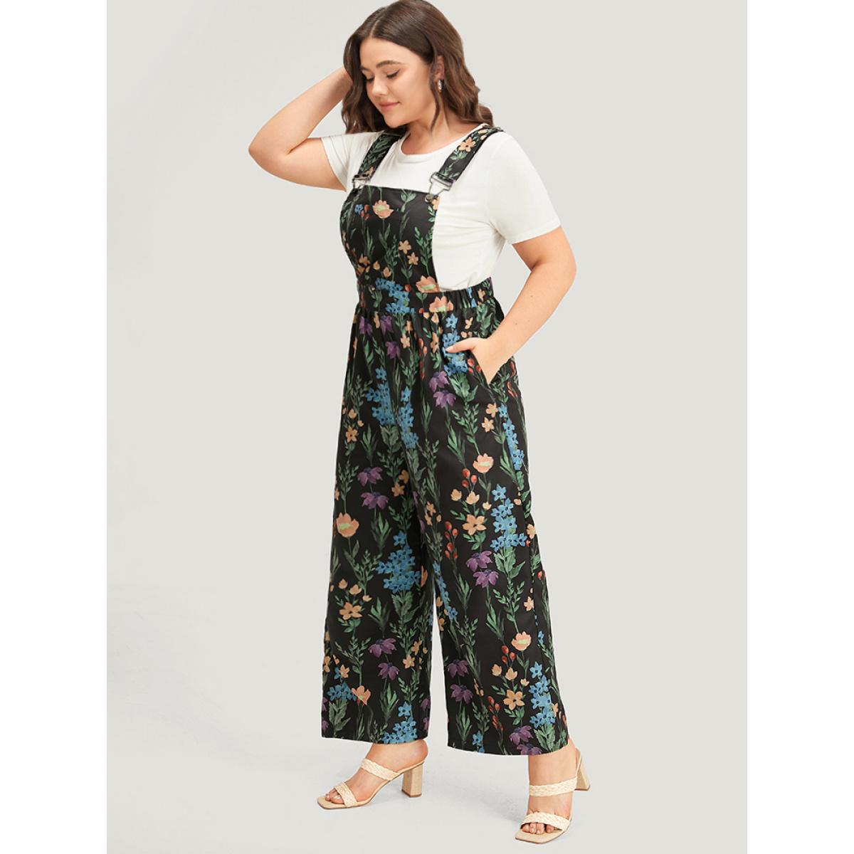 Plus Size Navy Floral Pocket Adjustable Straps Gathered Jumpsuit Women Elegant Sleeveless Spaghetti Strap Dailywear Loose Jumpsuits BloomChic 22-24/3X Product Image