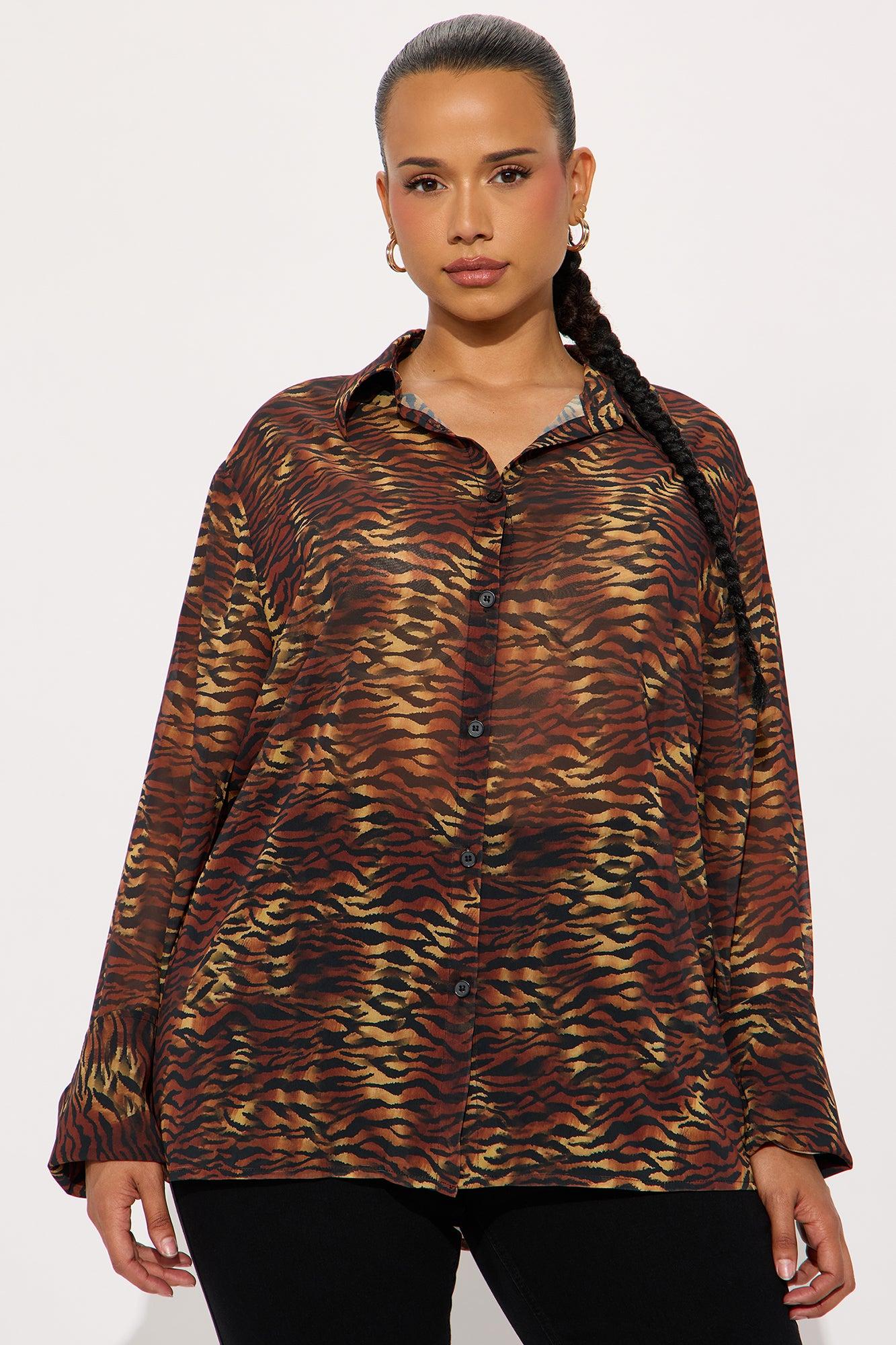 Urban Safari Animal Print Chiffon Button Up Shirt - Brown/combo Female Product Image