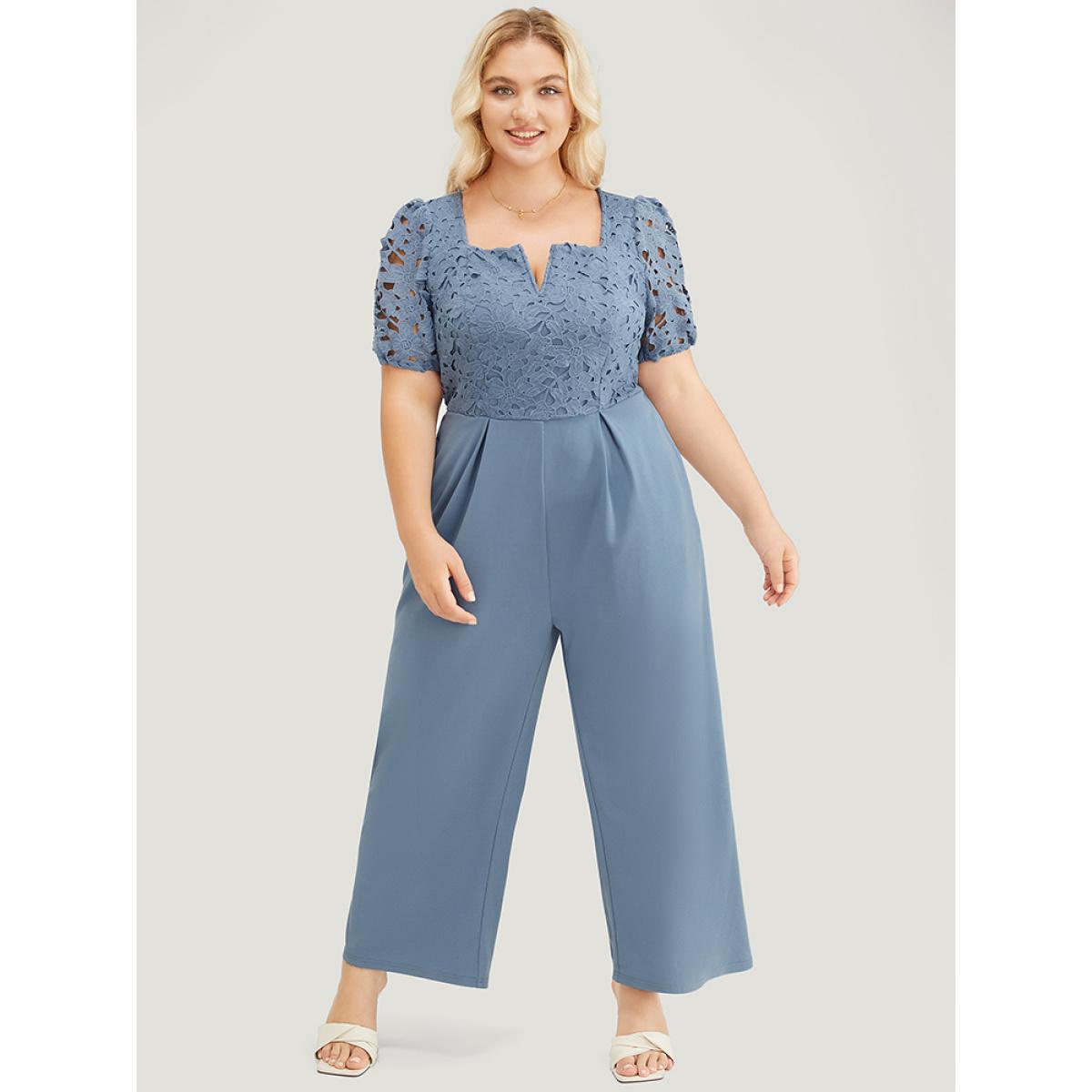 Plus Size Stone Solid Lace Notched Square Neck Pocket Pleated Jumpsuit Women Glamour Short sleeve V-neck Going out Loose Jumpsuits BloomChic 26/4X Product Image