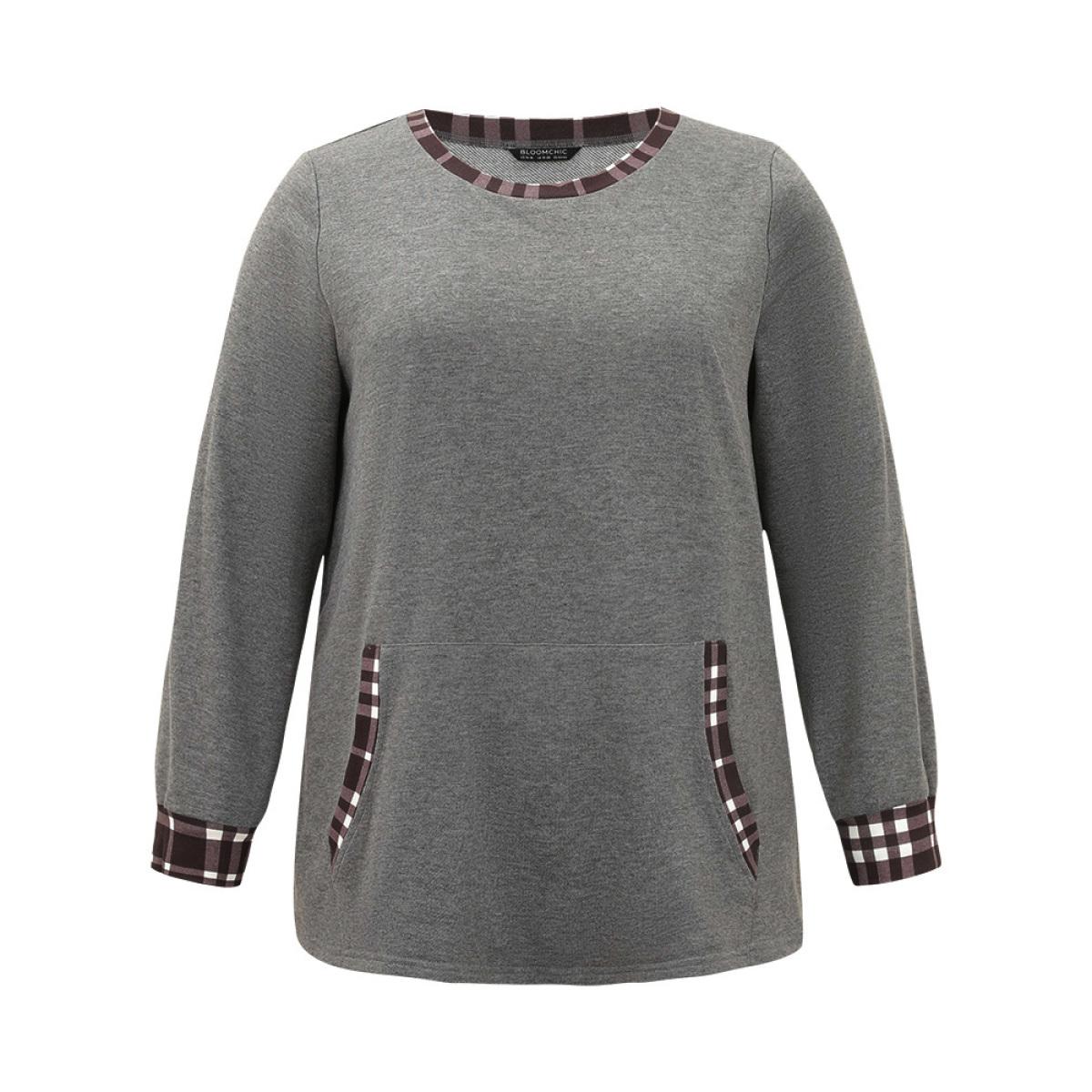 Plus Size Gingham Round Neck Pocket Patchwork Sweatshirt Women DimGray Casual Patchwork Round Neck Dailywear Sweatshirts BloomChic 26/4X Product Image