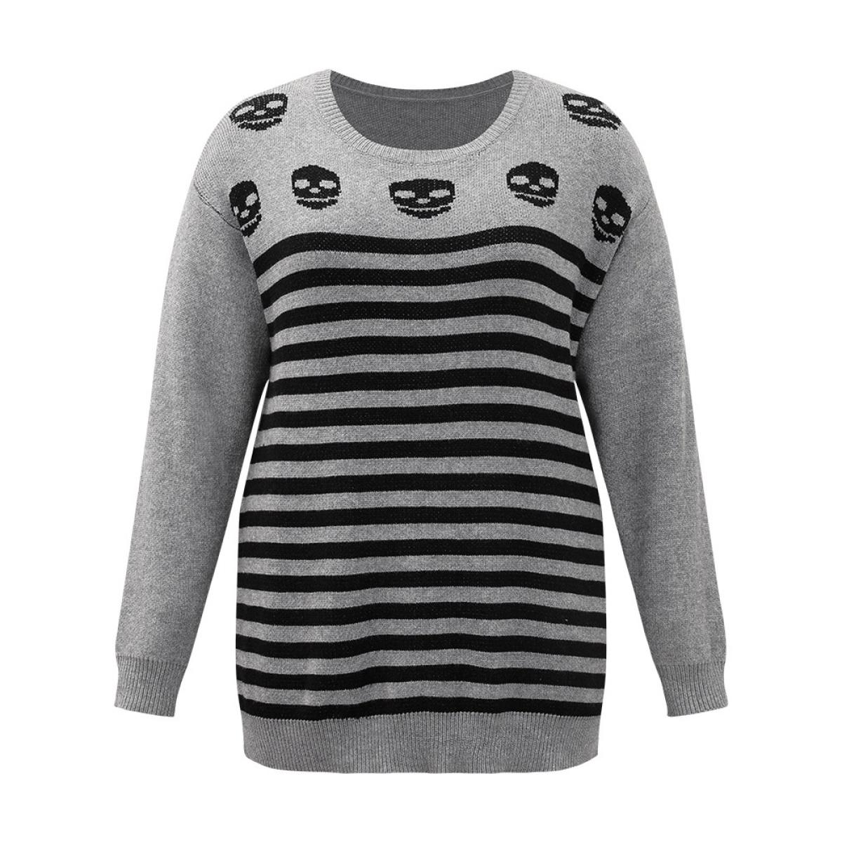 Plus Size Halloween Supersoft Essentials Skull Print Striped Round Neck Pullover DarkGray Women Casual Long Sleeve Round Neck Festival-Halloween Pullovers BloomChic 26/4X Product Image