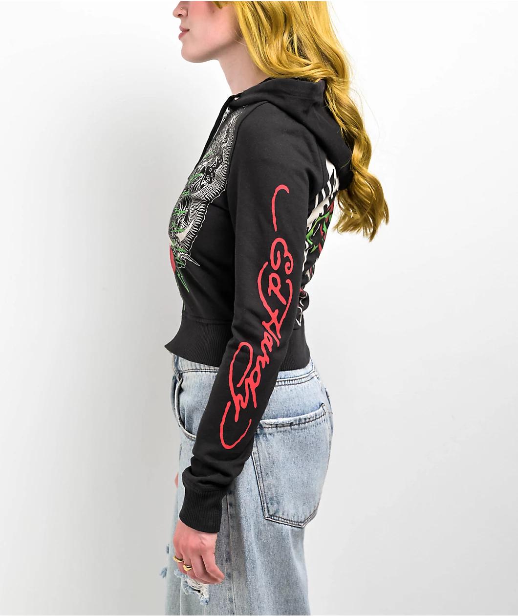 Ed Hardy Sacred Heart Black Crop Zip Hoodie Product Image