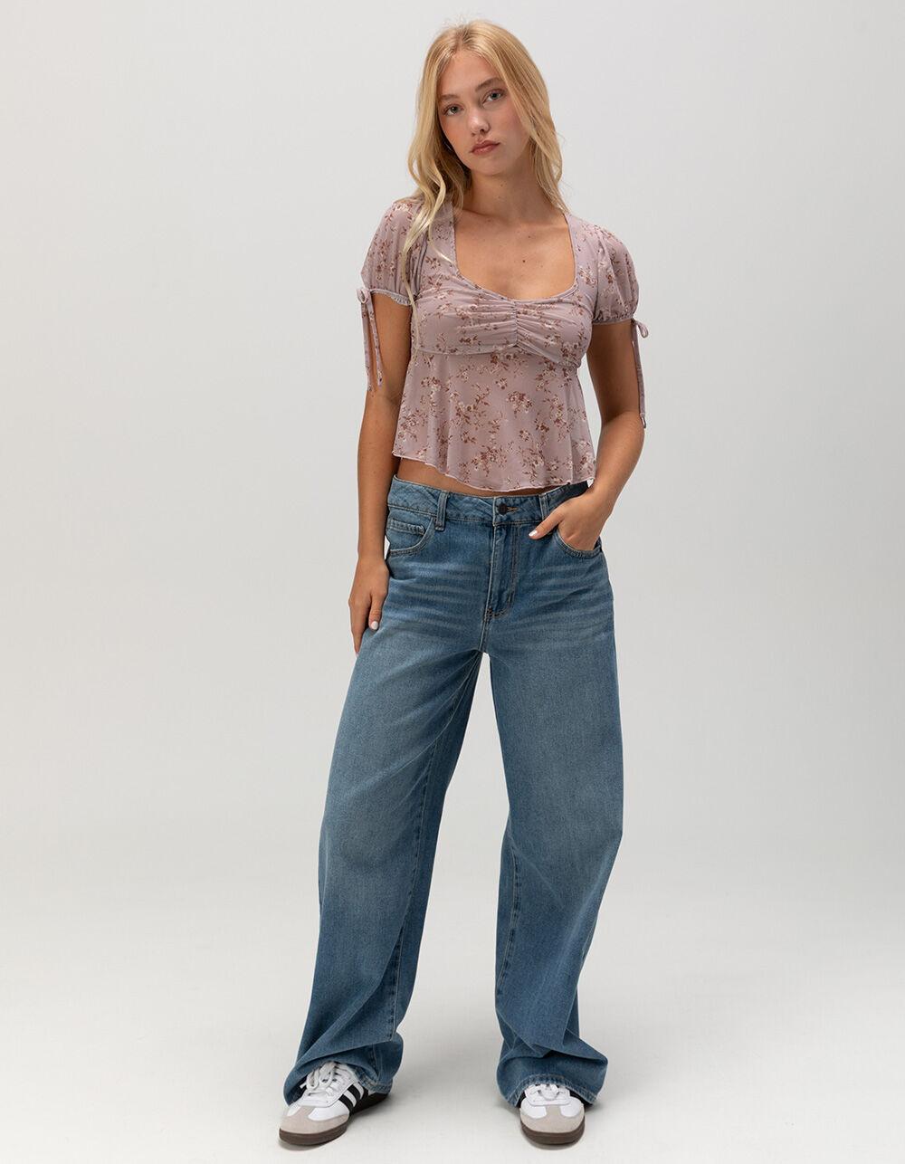 FULL TILT Floral Print Mesh Babydoll Womens Top - MAUVE Product Image