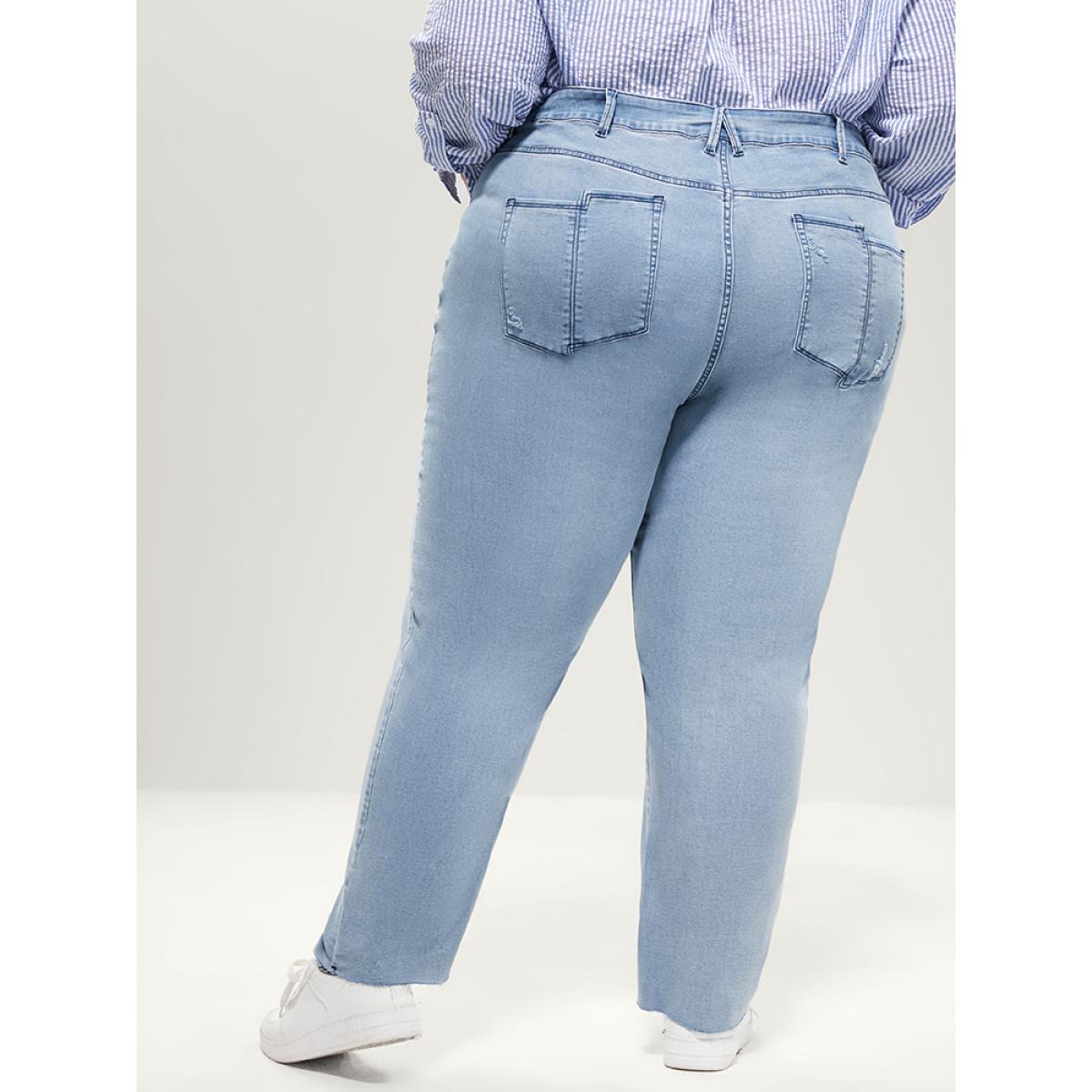 Plus Size Skinny Very Stretchy High Rise Light Wash Pocket Patchwork Jeans Women LightBlue Casual Plain Asymmetrical High stretch Pocket Jeans BloomChic 24/3X Product Image