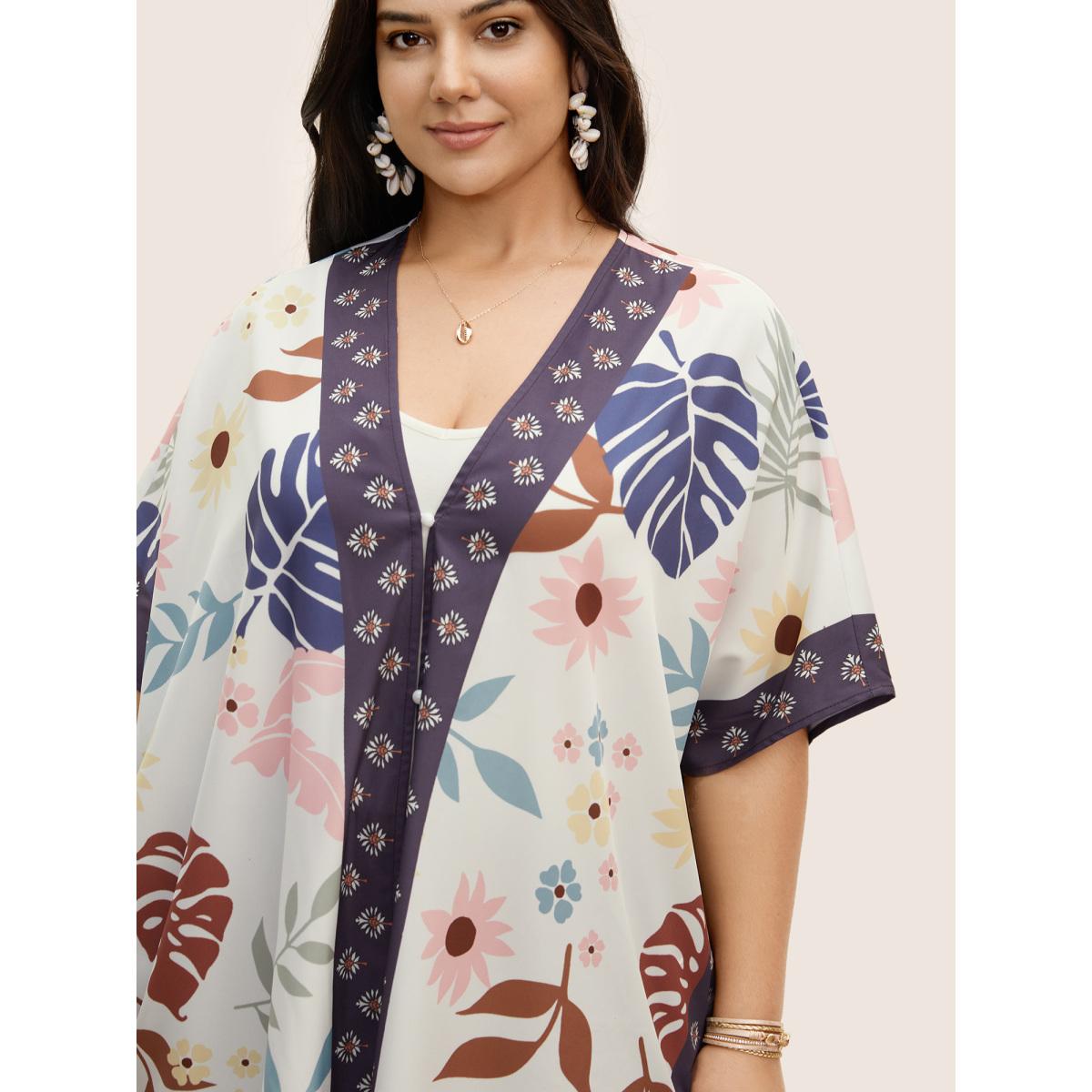 Plus Size Painted Flower Print Split Hem Kimono Women DarkBlue Resort Contrast Loose Vacation Kimonos BloomChic 30/6X Product Image