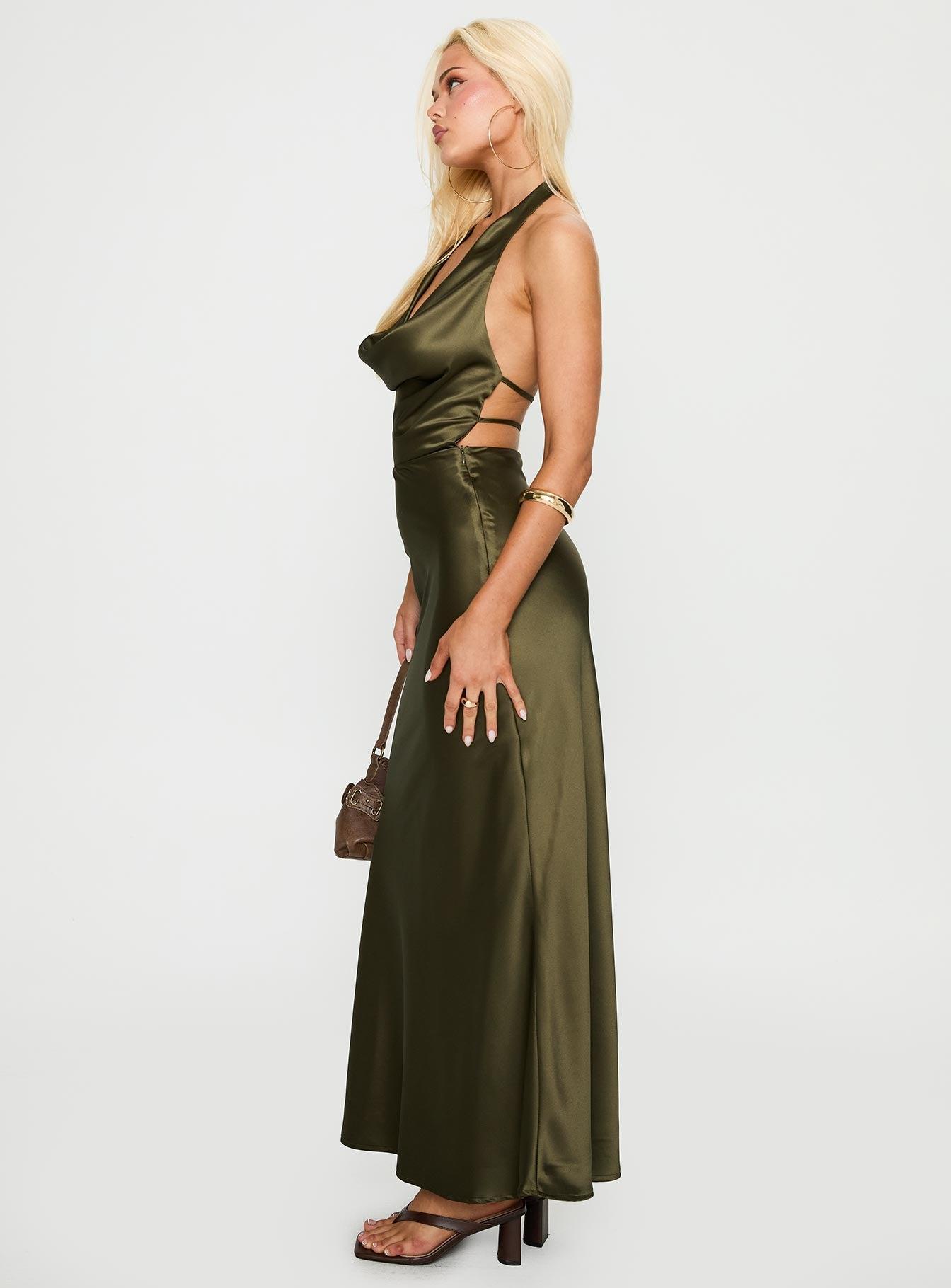 Iridescent Plunge Maxi Dress Olive Green Product Image