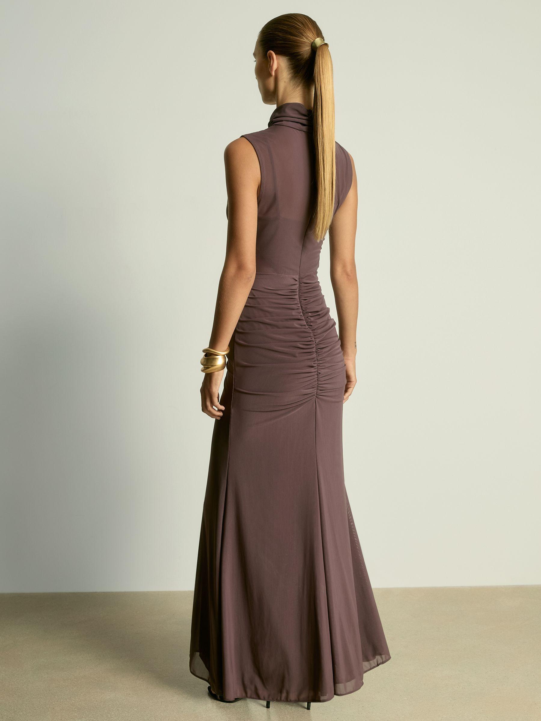 Sheer Ruched Maxi Dress in Taupe Product Image