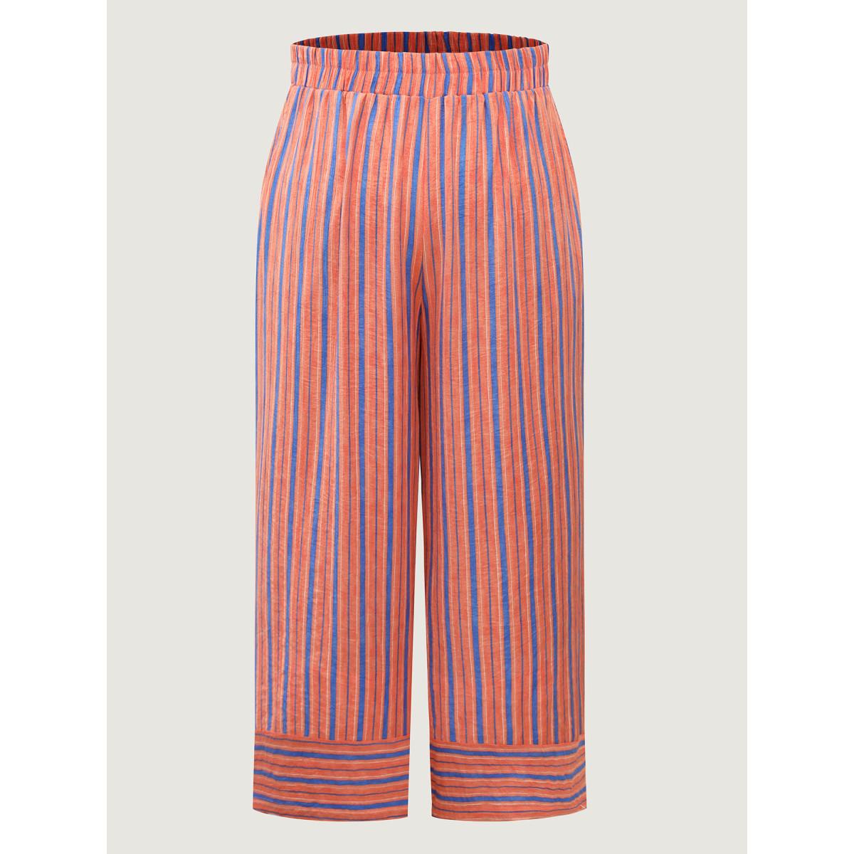 Plus Size Soft Stripes Stretchy Waist Wide-Leg Pants Women Coral Casual Wide Leg Mid Rise Everyday-Casual Pants BloomChic 22-24/3X Product Image