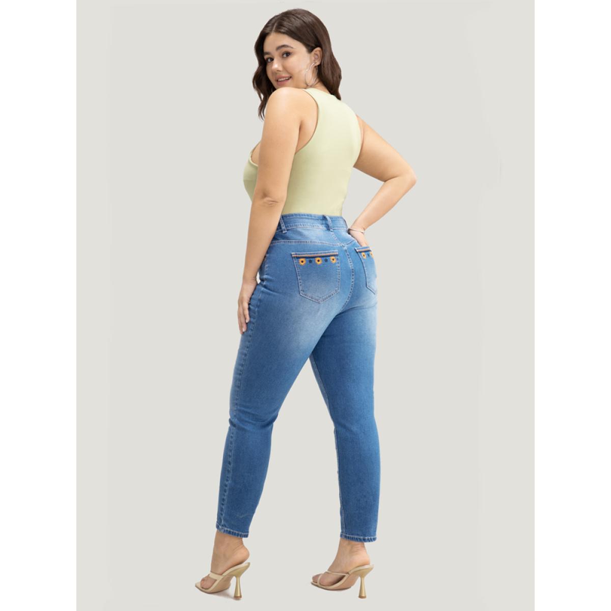 Plus Size Very Stretchy High Rise Medium Wash Floral Embroidered Jeans Women Indigo Casual Plain High stretch Pocket Jeans BloomChic 28/5X Product Image