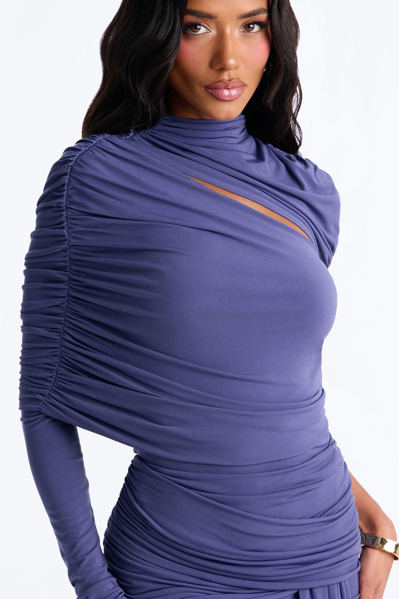 Untamed One Shoulder Draped Bodysuit - Dusty Blue Female Product Image