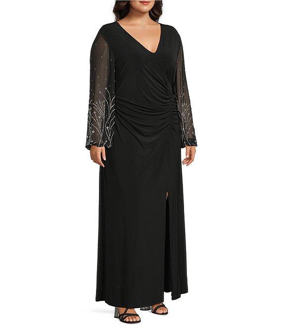Marina Plus Size Mesh Beaded Puff Long Sleeve Gown Product Image
