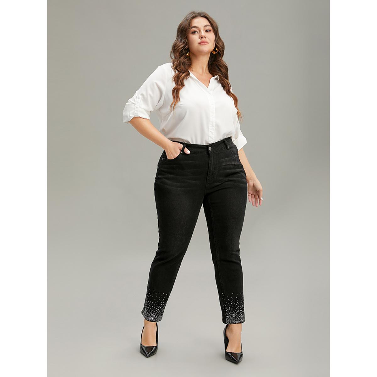 Plus Size Rhinestone Detail Black Wash Jeans Women DimGray Casual Plain Rhinestone detailing High stretch Pocket Jeans BloomChic 12/L Product Image
