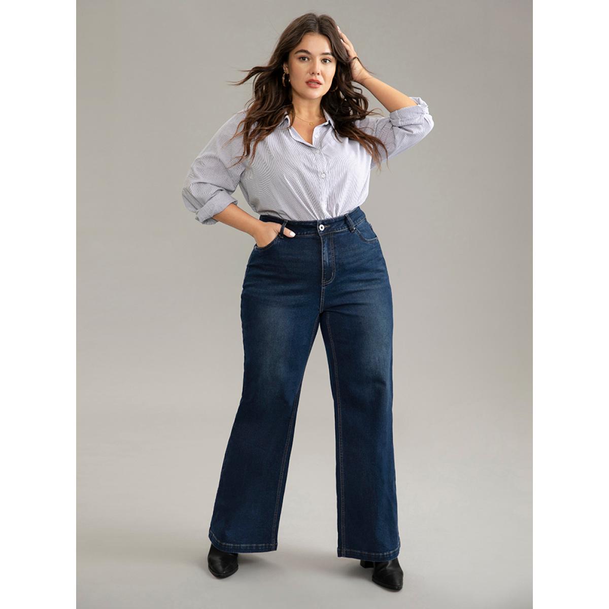 Plus Size Vintage Dark Wash Wide Leg Jeans Women Midnight Casual Plain Plain High stretch Pocket Jeans BloomChic 24/3X Product Image
