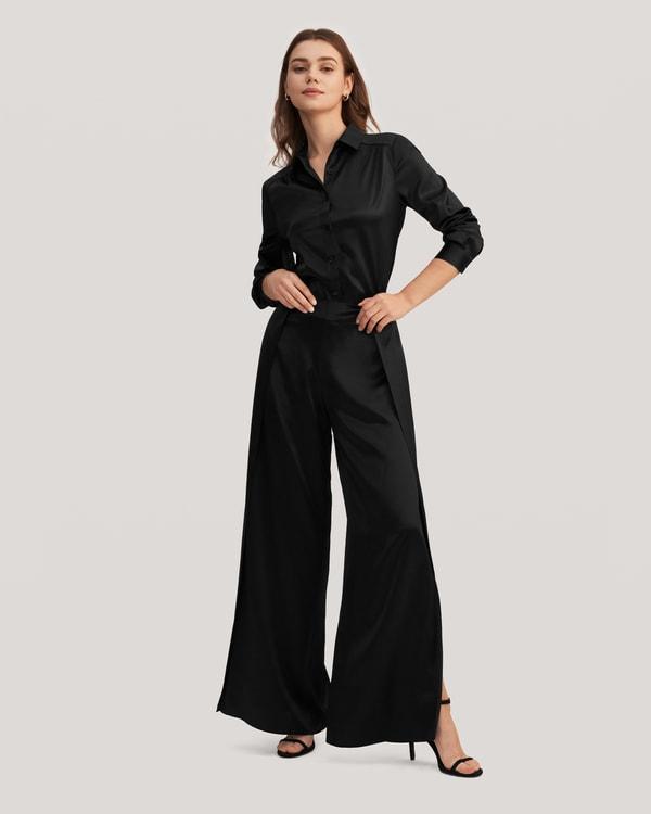 Long Sleeves Collared Silk Blouse Product Image