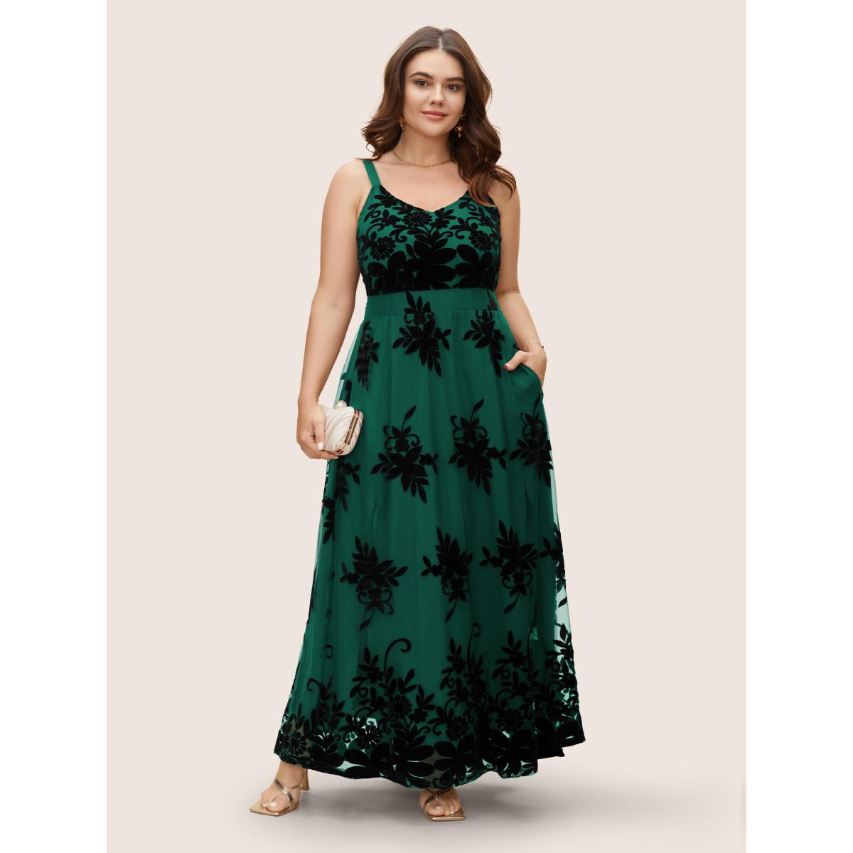 Plus Size Floral Flocked Tulle Split Hem Dress DarkGreen Women Formal Texture V-neck Sleeveless Curvy BloomChic 12/L Product Image