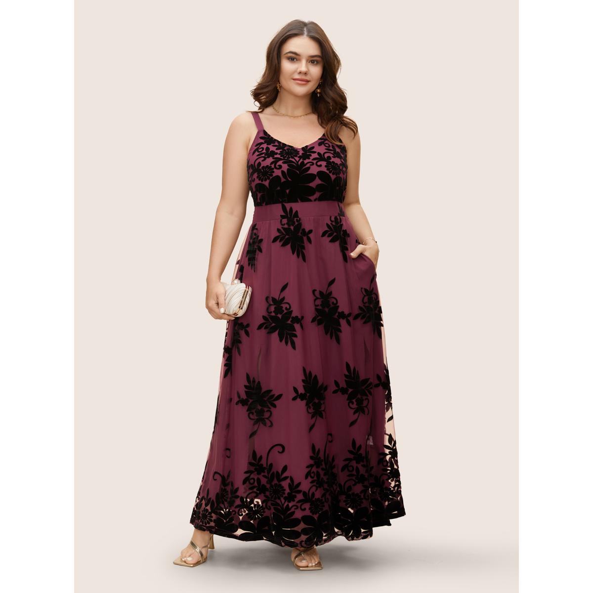 Plus Size Floral Flocked Tulle Split Hem Dress Burgundy Women Formal Texture V-neck Sleeveless Curvy BloomChic 26/4X Product Image