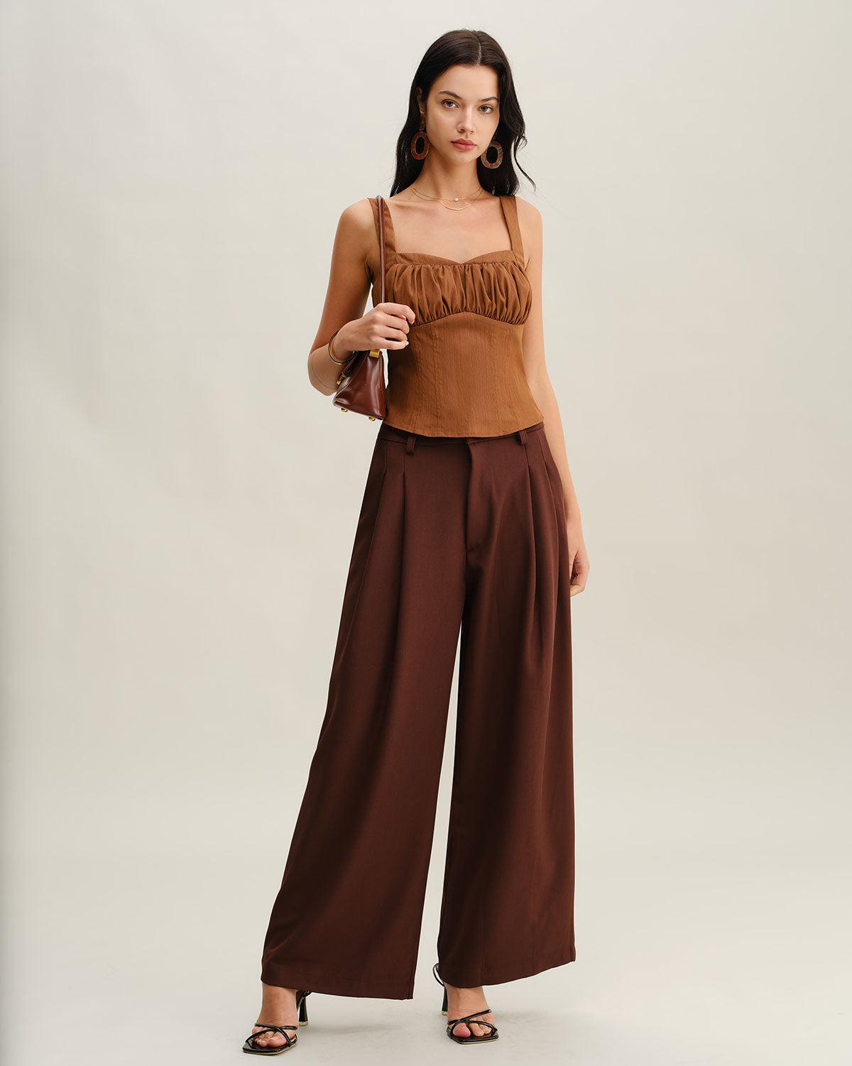 Brown Ruched Shirred Cami Top Product Image