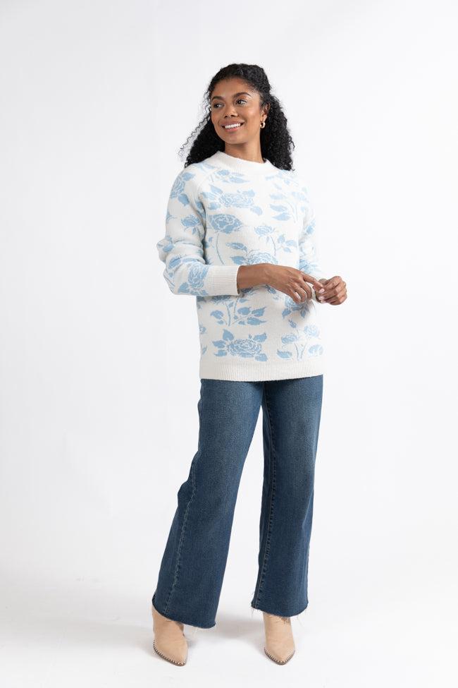 Feeling Like Love Ivory and Blue Floral Crew Neck Sweater FINAL SALE Product Image