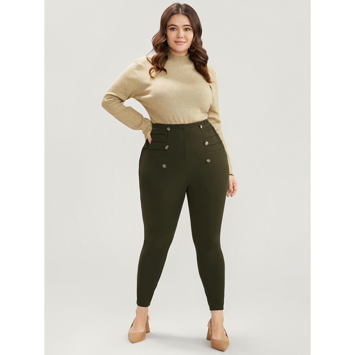 Plus Size Solid Elastic Waist Button Detail Skinny Leggings Women ArmyGreen Elegant Low stretch Skinny Mid Rise Dailywear Leggings BloomChic 14-16/1X Product Image