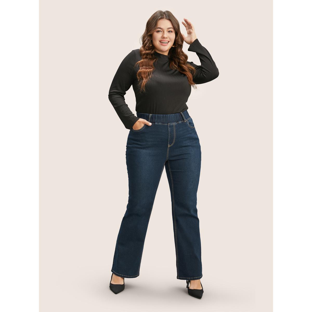 Plus Size Solid Elastic Waist Pocket Full Length Jeans Women Indigo Timeless Plain Plain High stretch Slanted pocket Jeans BloomChic 30/6X Product Image