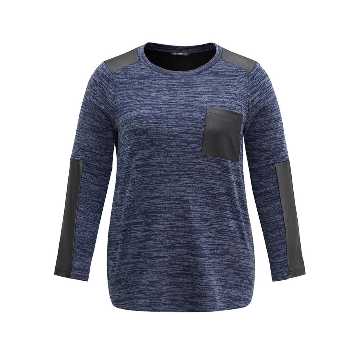Plus Size Patchwork Heather Contrast Patched Pocket T-shirt Indigo Women Casual Contrast Plain Round Neck Dailywear T-shirts BloomChic 26/4X Product Image