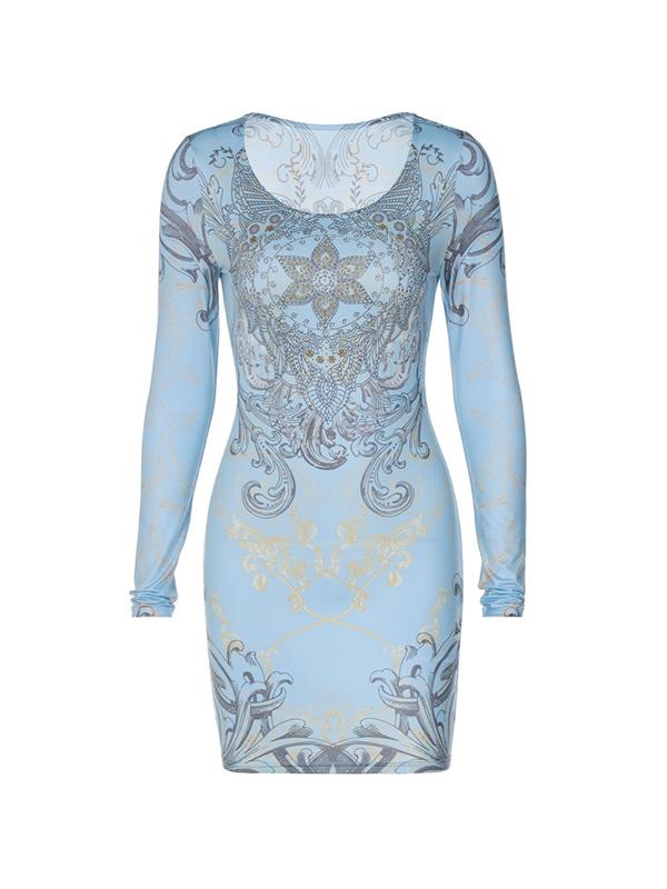 Vintage Rhinestone Print Long Sleeve Mini Dress Product Image