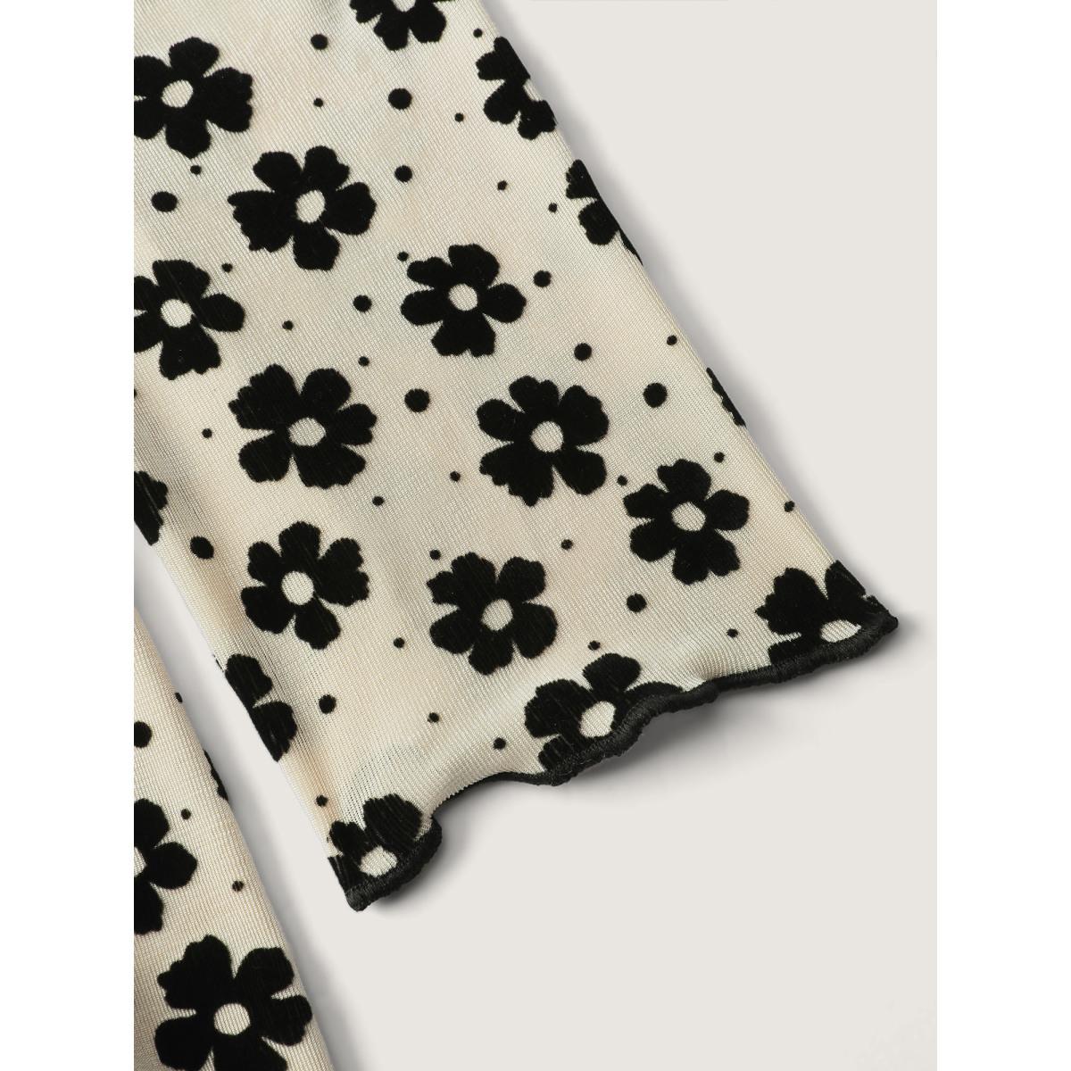 Plus Size Floral Print Stretchy Mock Neck T-Shirt Beige Women Playful Stand-up collar Bodycon Casual T-shirts BloomChic 28/5X Product Image