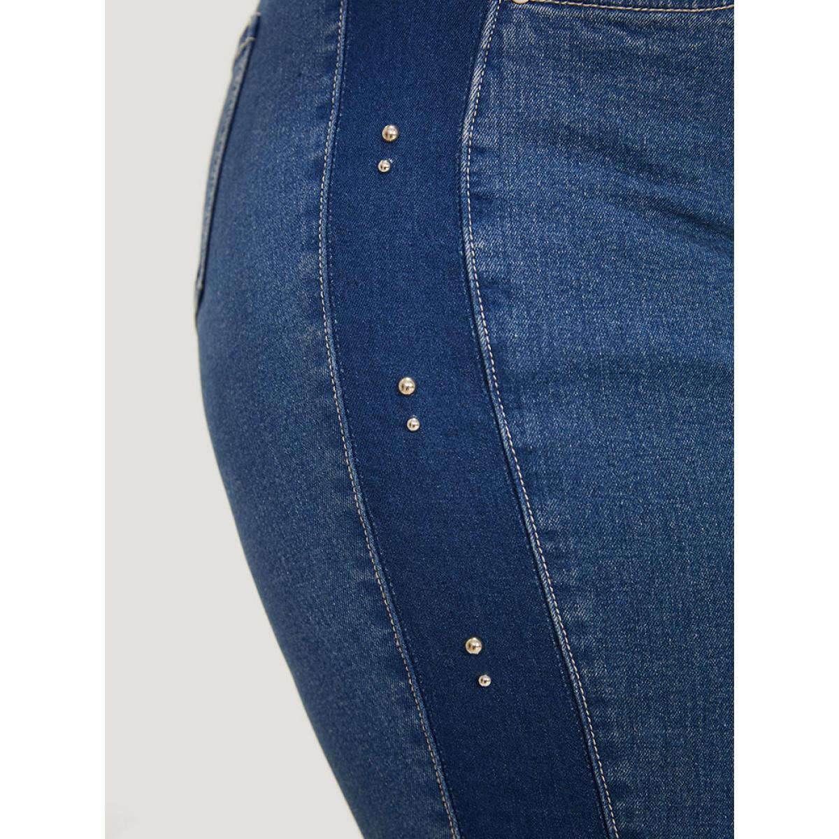 Plus Size Pearl Beaded Patchwork Medium Wash Jeans Women Indigo Casual Colorblock Beaded High stretch Pocket Jeans BloomChic 18/2X Product Image