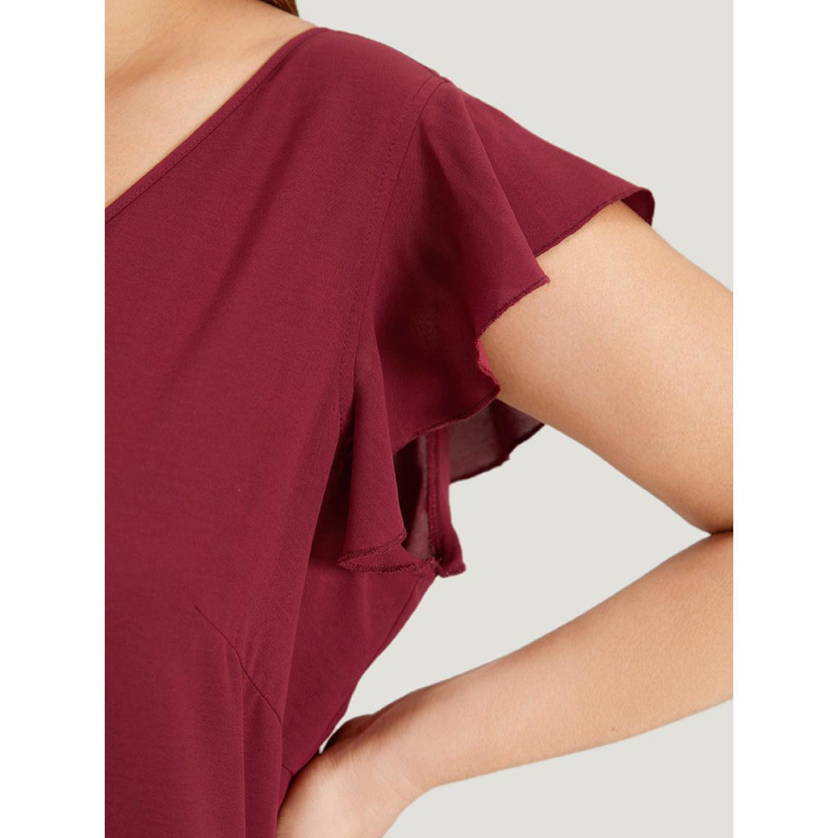 Plus Size Burgundy Plain Ruffle Cap Sleeve V Neck Zipper Jumpsuit Women Casual Cap Sleeve V-neck Dailywear Loose Jumpsuits BloomChic 18-20/2X Product Image