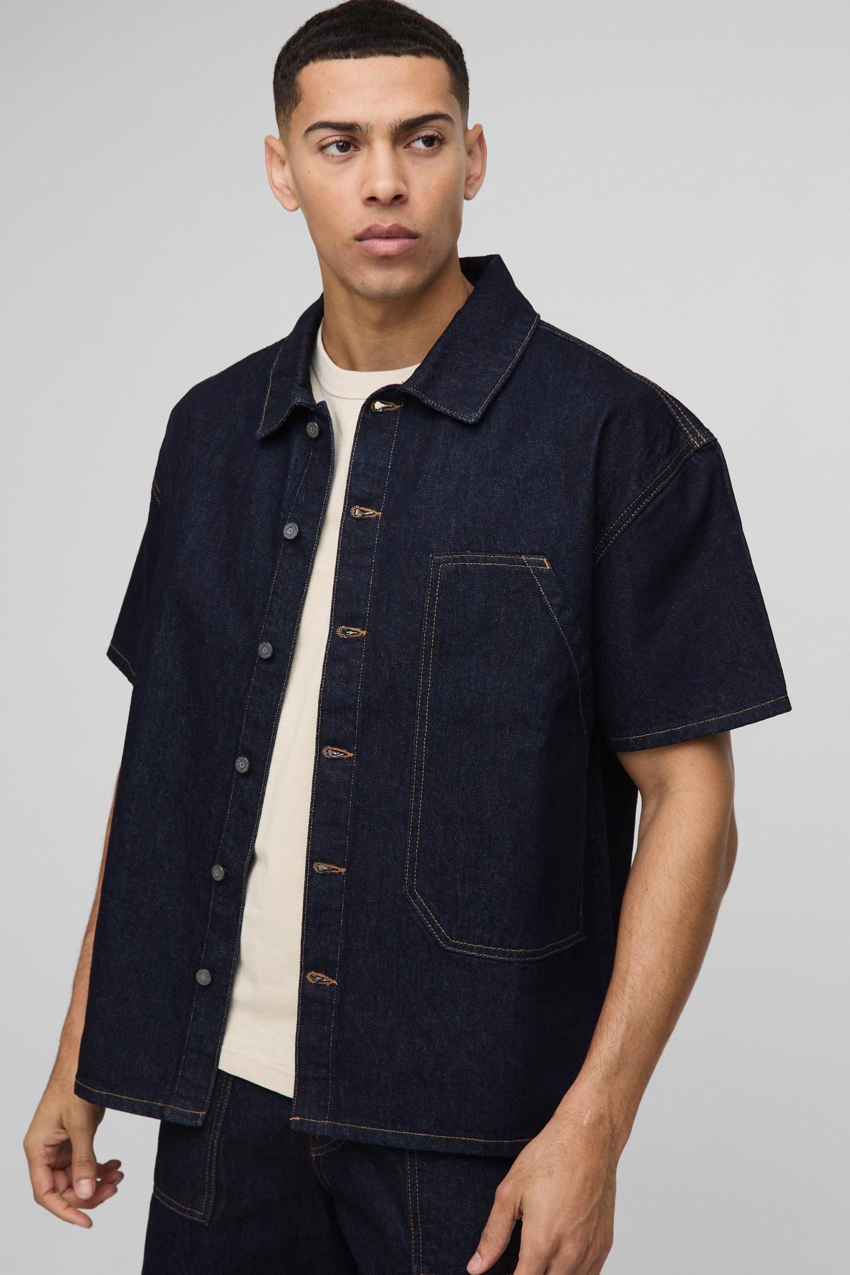 Oversized Carpenter Pocket Indigo Denim Shirt | boohooMAN USA Product Image