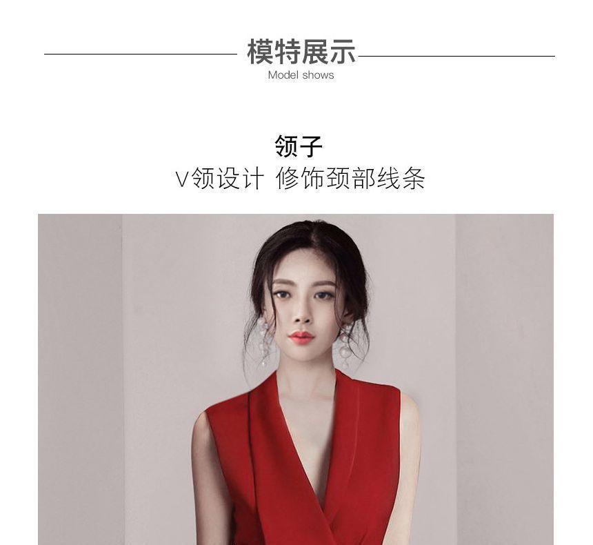 Sleeveless Asymmetrical Lapel Plain Belted Midi A-Line Dress Product Image