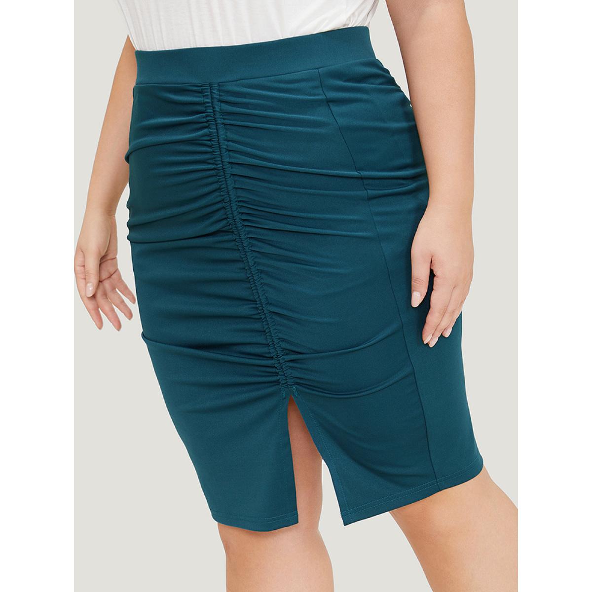 Plus Size Plain Ruched Bodycon Split Hem Skirt Women Cyan Office Plain Bodycon No stretch Work Skirts BloomChic 10/M Product Image
