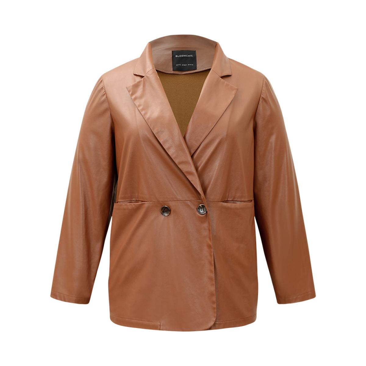 Plus Size Lapel Collar Pocket Button Up Blazer Tan Women Dailywear Plain Plain Sleeve Long Sleeve Lapel Collar 22-24/3X Pocket Casual Blazers BloomChic Product Image