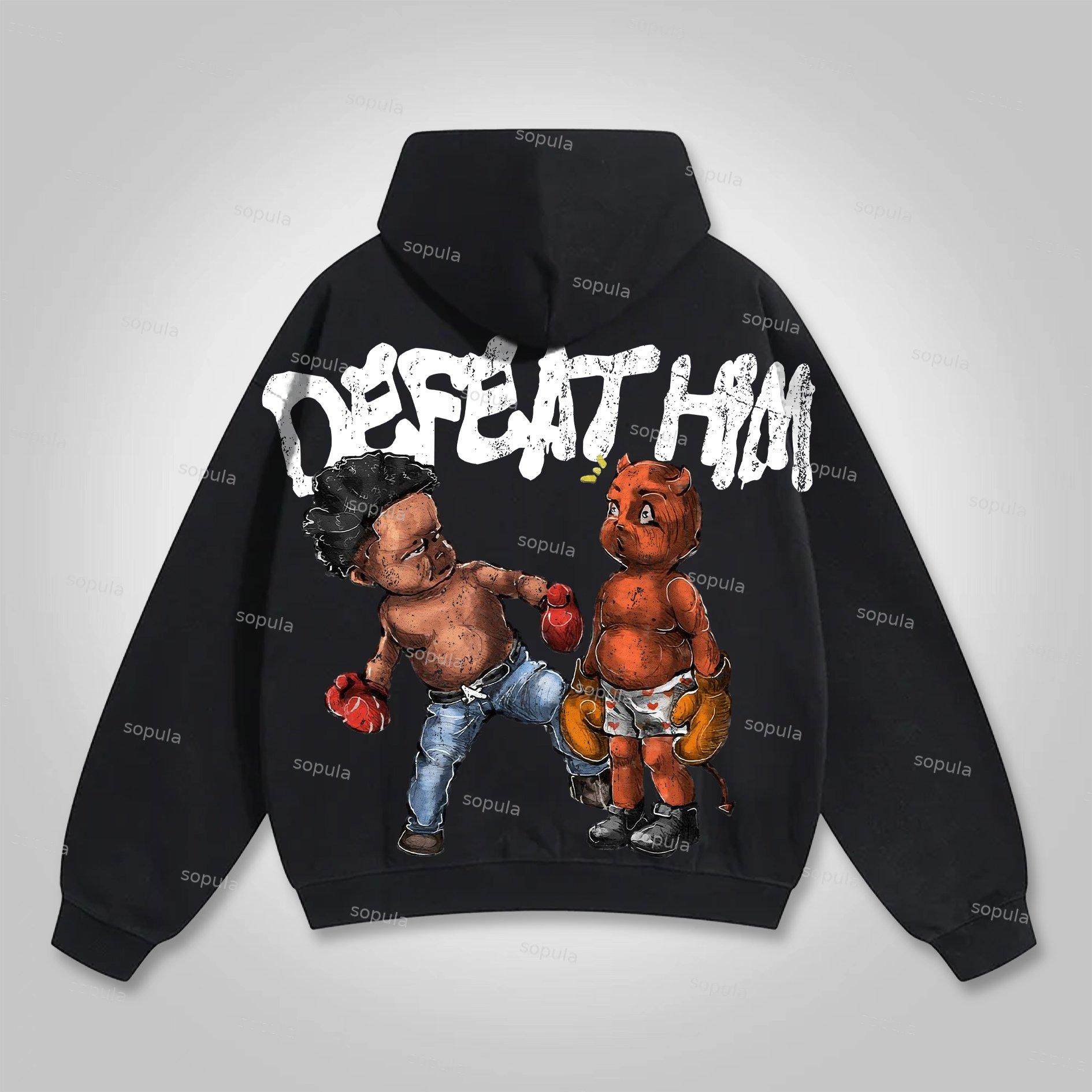 Sopula Vintage Boxer Defeat Him Graphic Print Pocket Hoodie Product Image