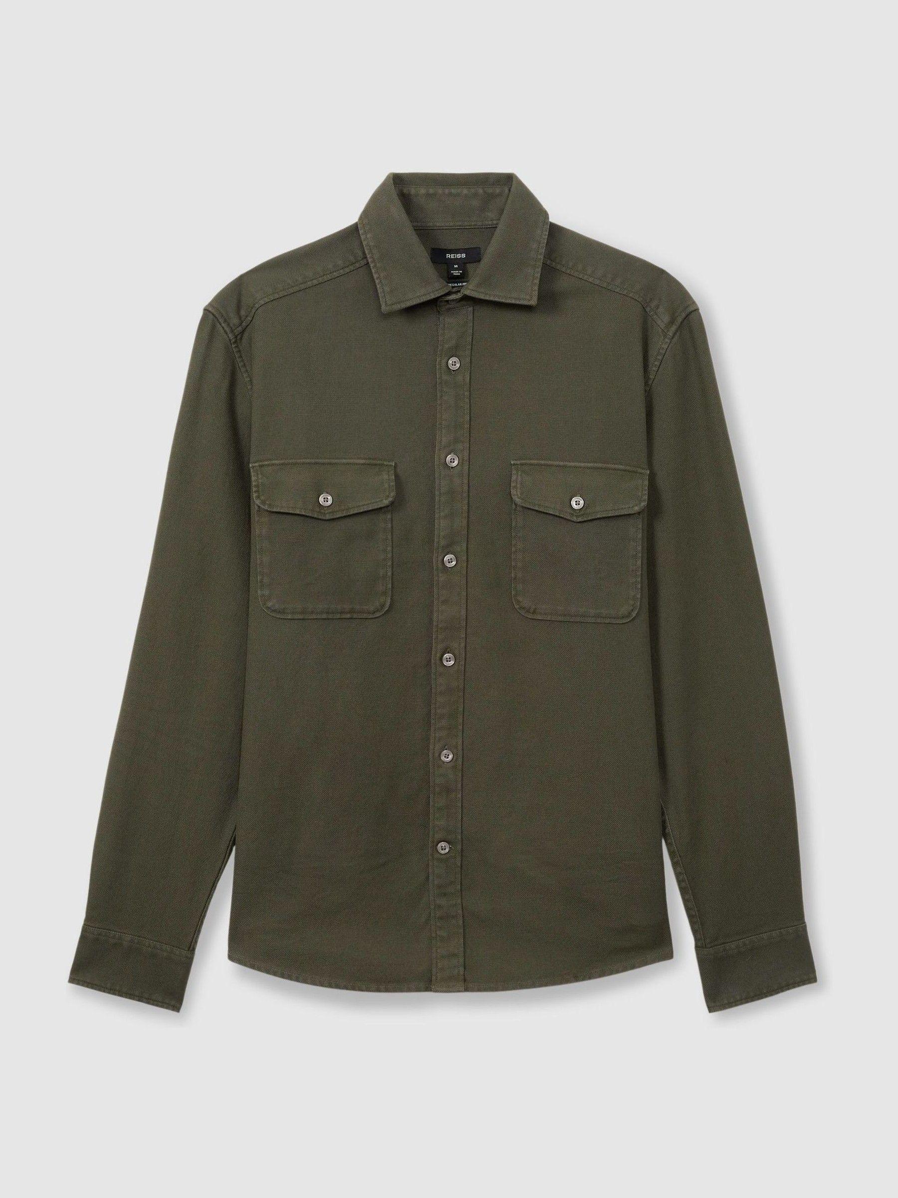Cotton Blend Canvas Overshirt in Khaki Green Product Image