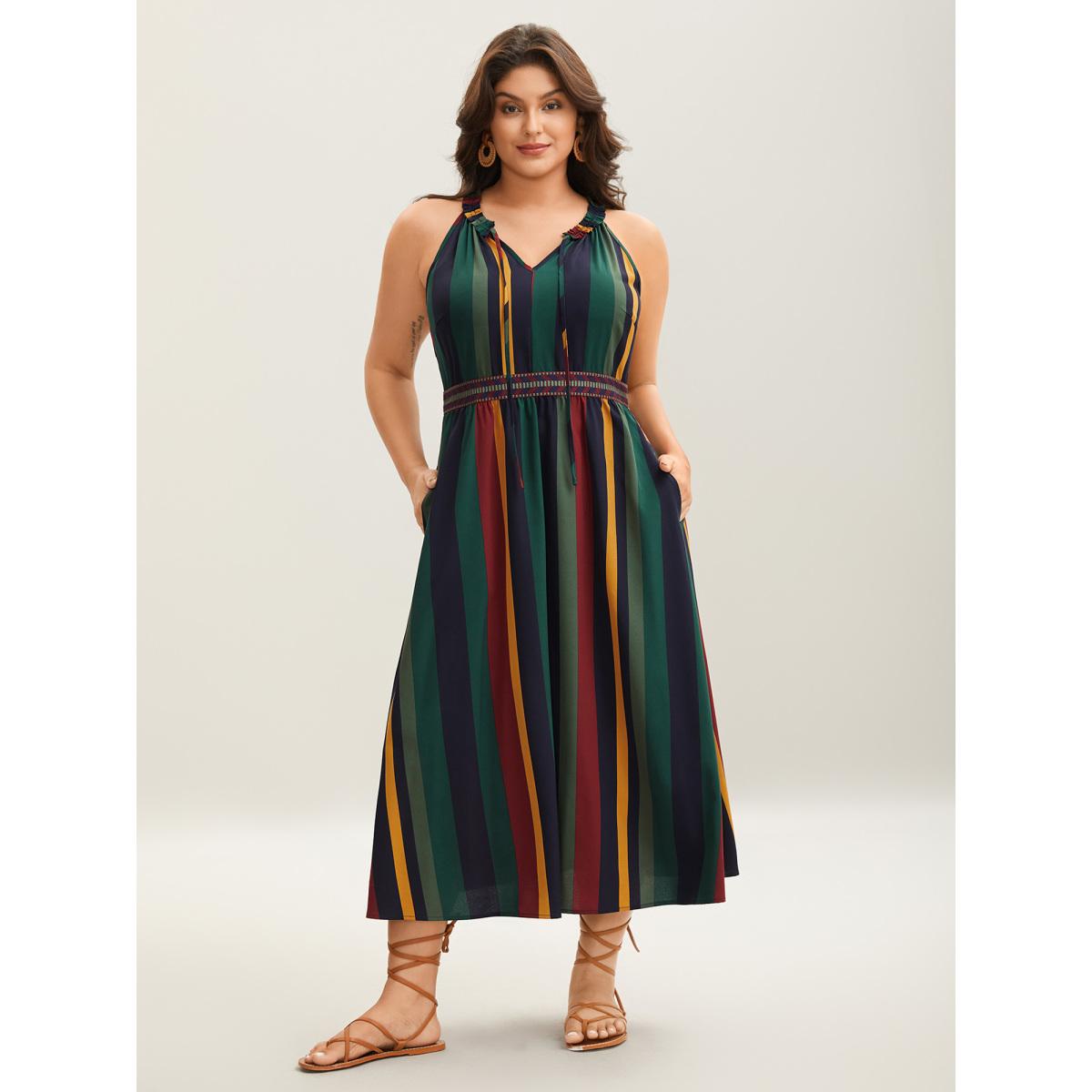 Plus Size Multi-Color Stripes Waist-Defining Midi Dress Multicolor Women Tie knot V-neck Sleeveless Curvy BloomChic 12/L Product Image