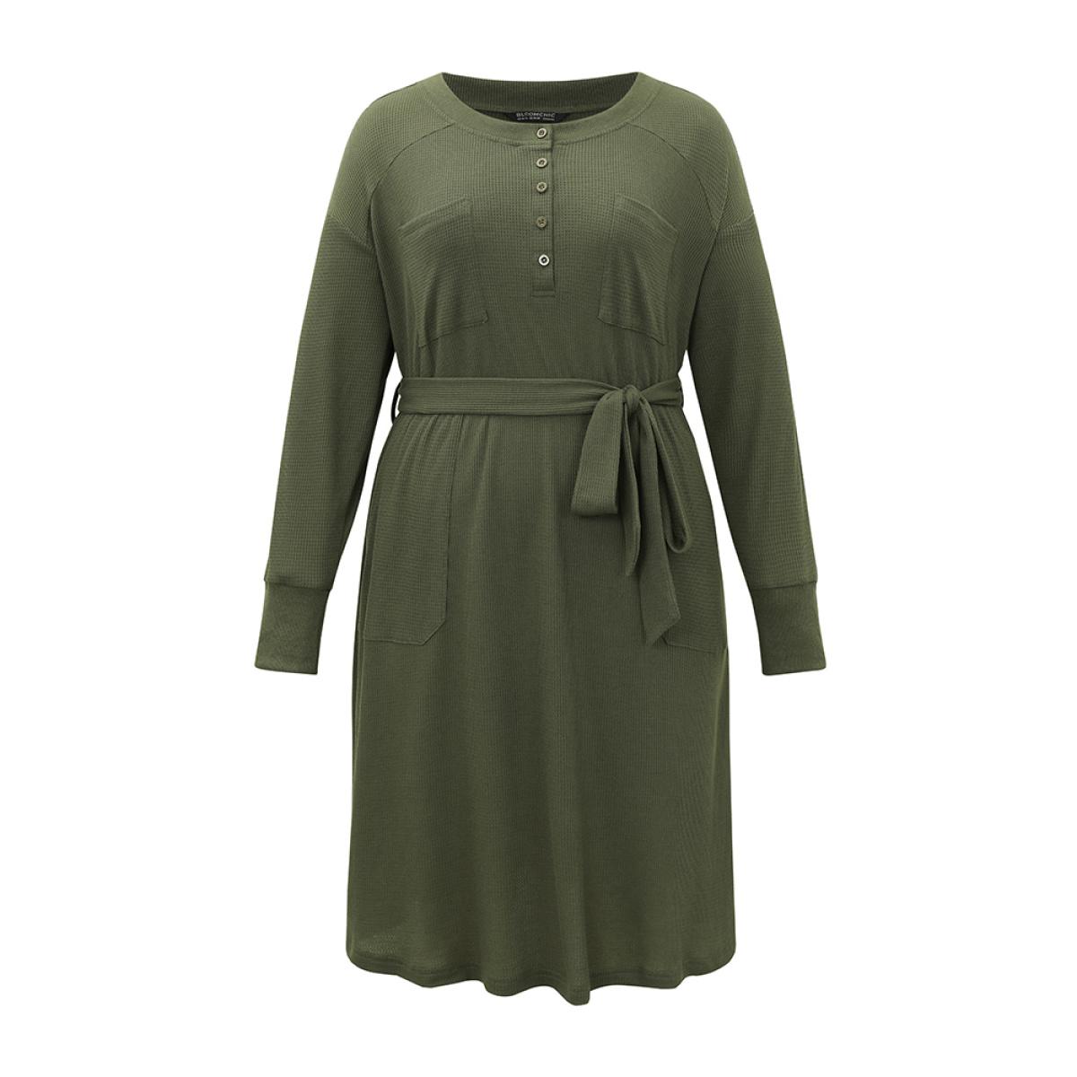 Plus Size Plain Textured Belted Button Up Dress ArmyGreen Women Casual Texture Round Neck Long Sleeve Curvy Midi Dress BloomChic 12/L Product Image