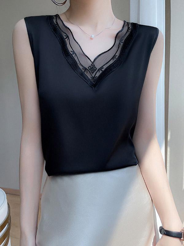 Loose Sleeveless Solid Color Split-Joint V-Neck Vest Top Product Image