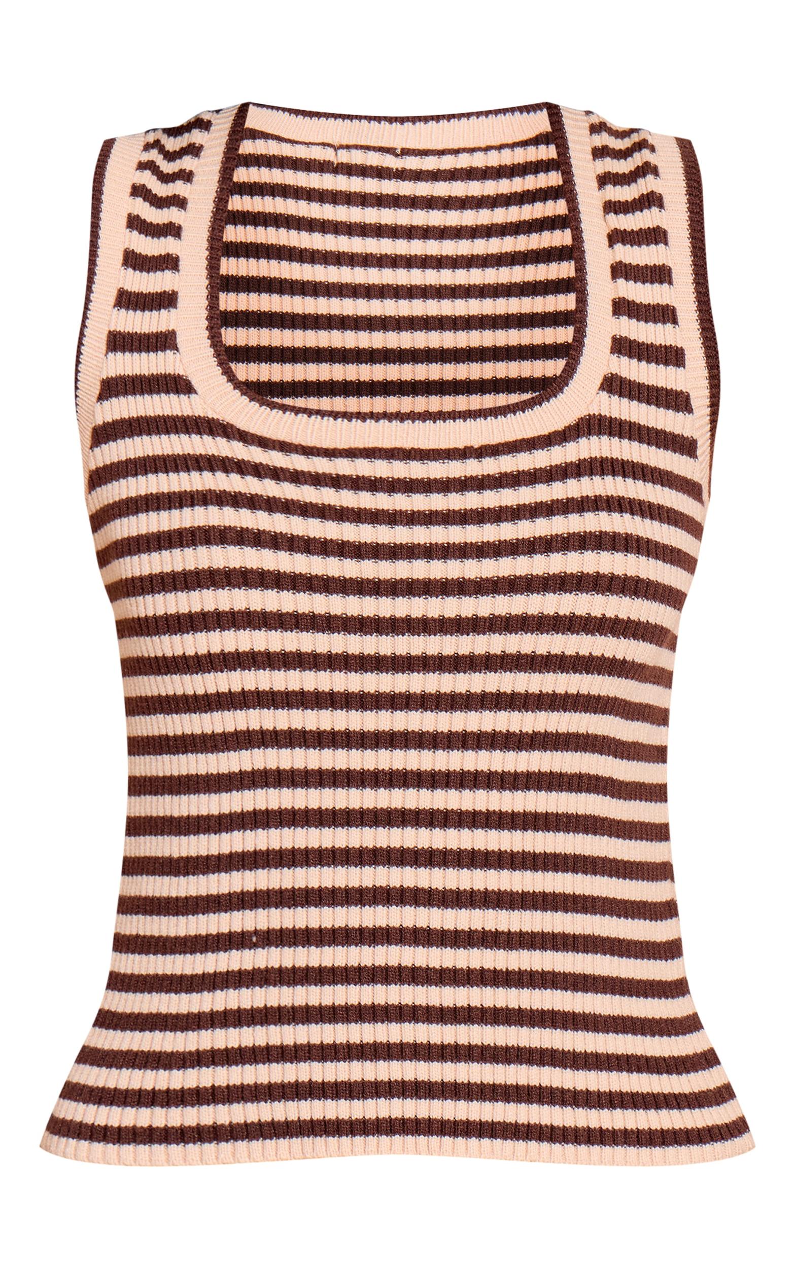 Brown Scooped Neck Striped Rib Knit Vest Product Image