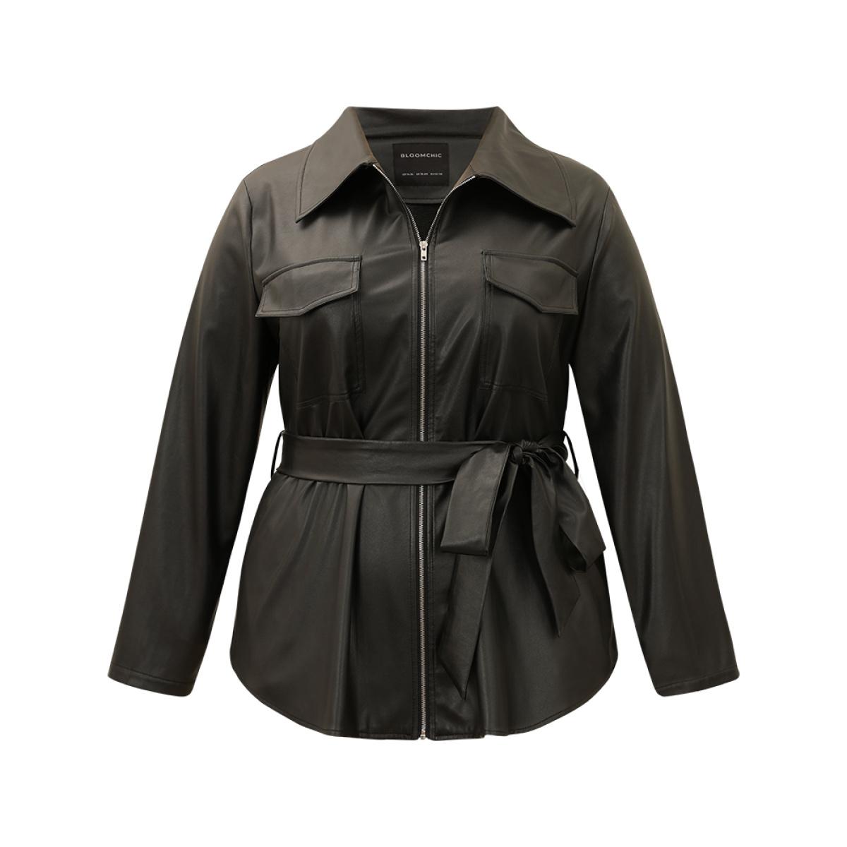 Plus Size Plain PU Leather Knot Pocket Zipper Belted Jacket Women Black Plain Pocket Belt Dailywear Jackets BloomChic 22-24/3X Product Image