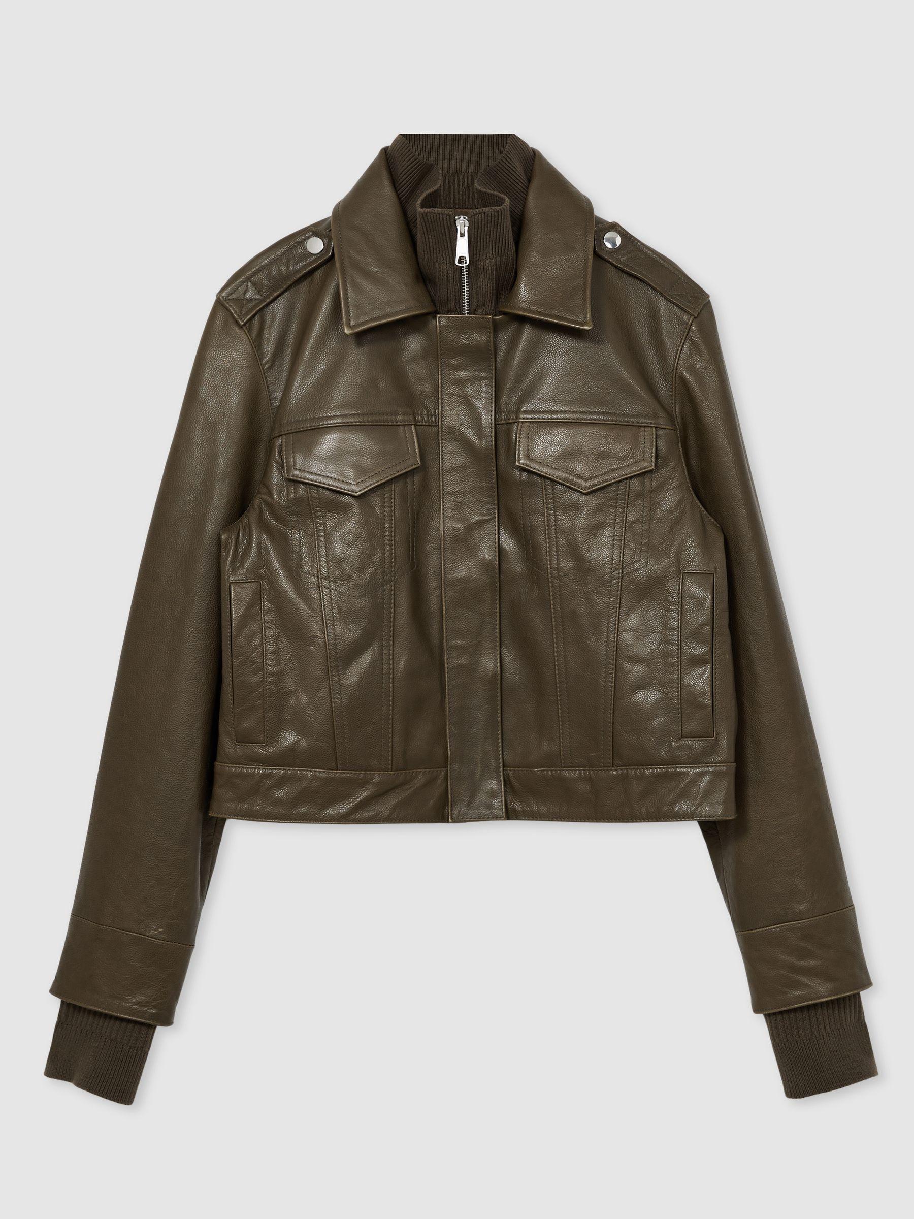Paige Leather Cropped Bomber Jacket in Moss Green Product Image