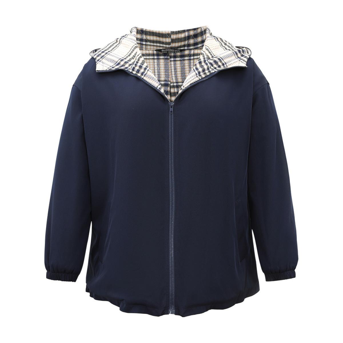 Plus Size Plaid Zipper Pocket Trench Patchwork Jacket Women Indigo Casual Elastic cuffs Ladies Dailywear Winter Coats BloomChic 12/L Product Image